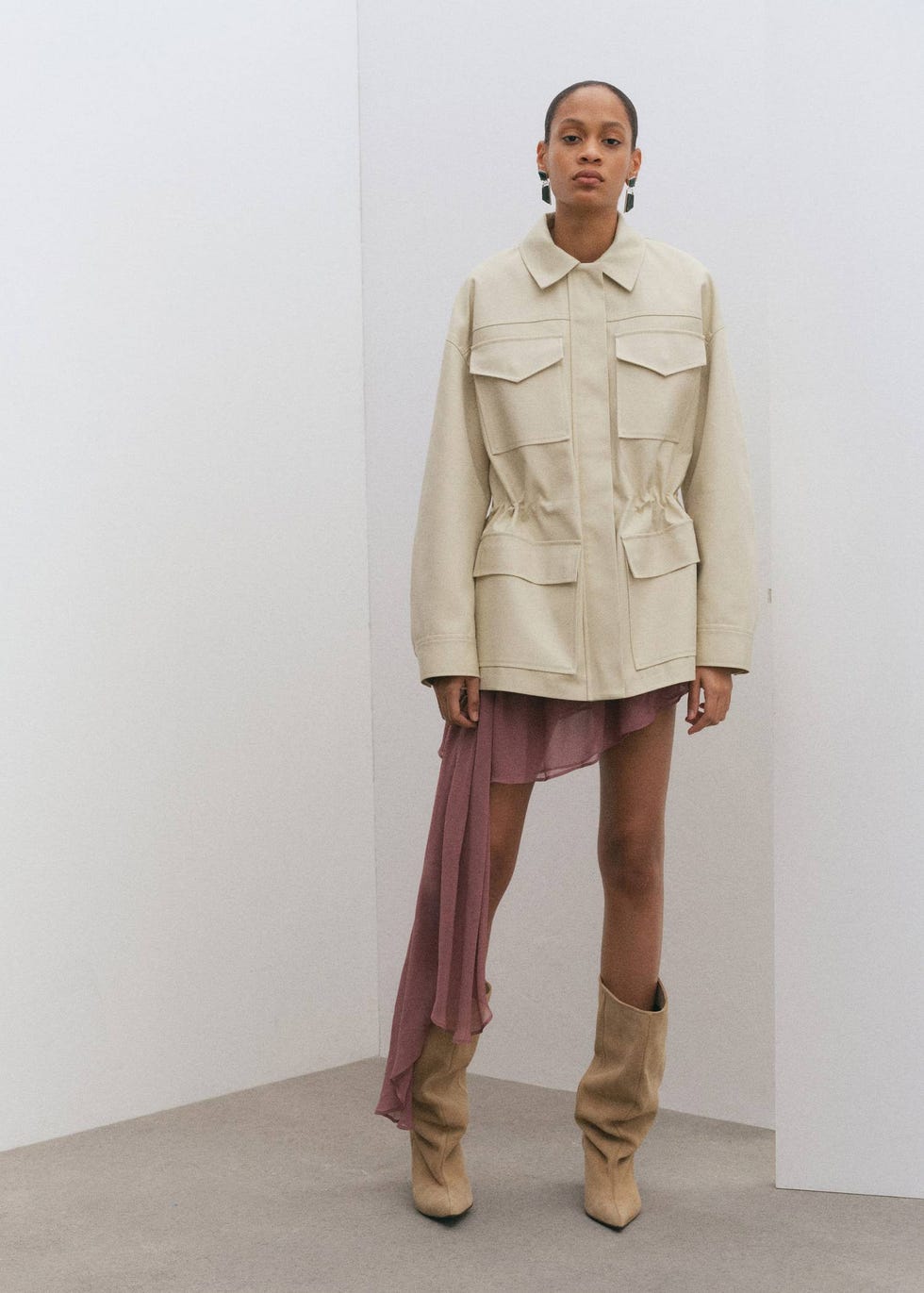 Beige Utility Jacket with Asymmetric Chiffon Dress Beige Utility Jacket with Asymmetric Chiffon Dress — Parka Outfits