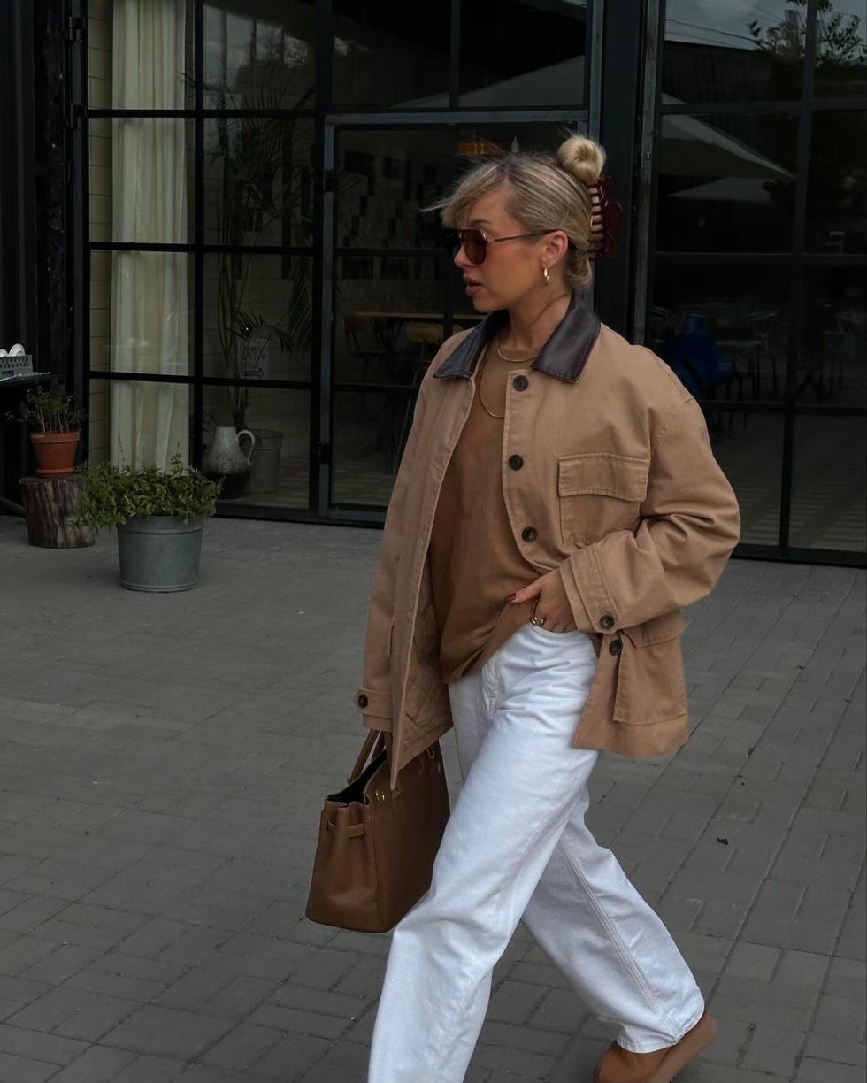 Tan Utility Jacket with White Jeans and Clogs Tan Utility Jacket with White Jeans and Clogs — Parka Outfits