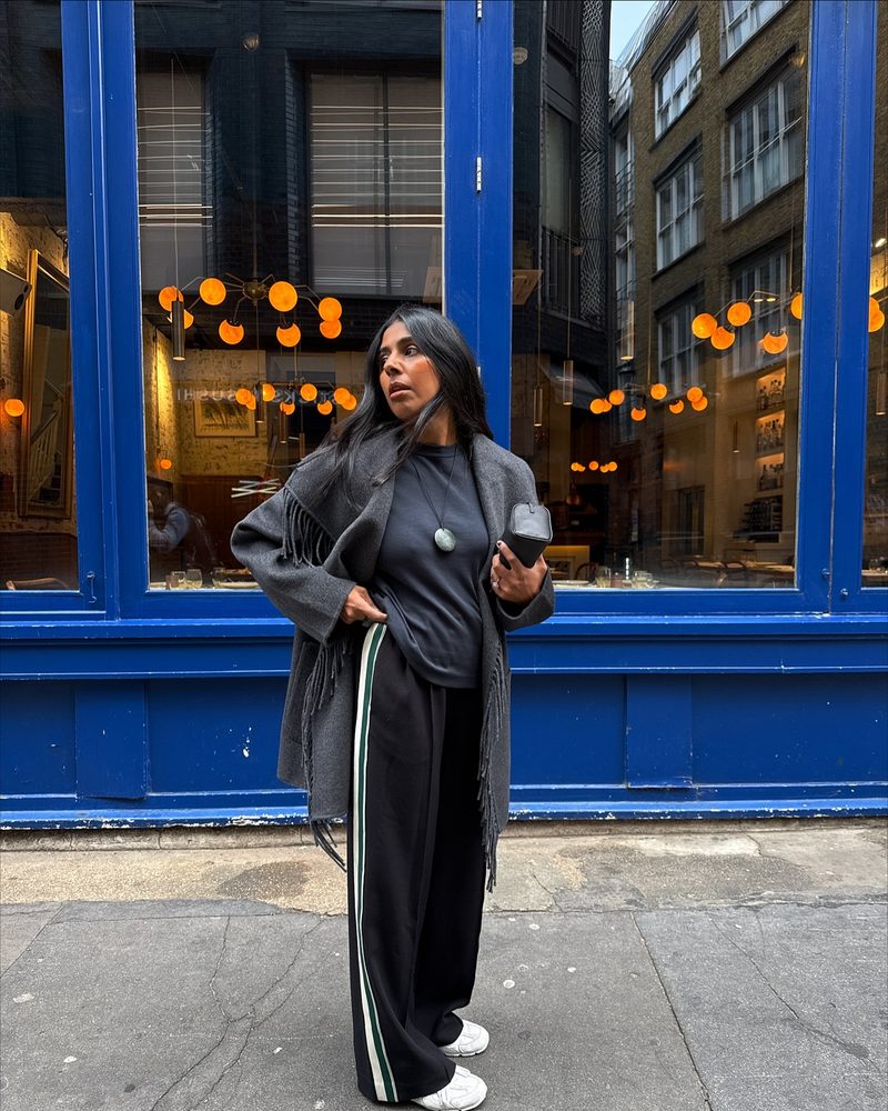 Striped Track Pants with a Fringed Coat Striped Track Pants with a Fringed Coat — Sweatpants Outfits