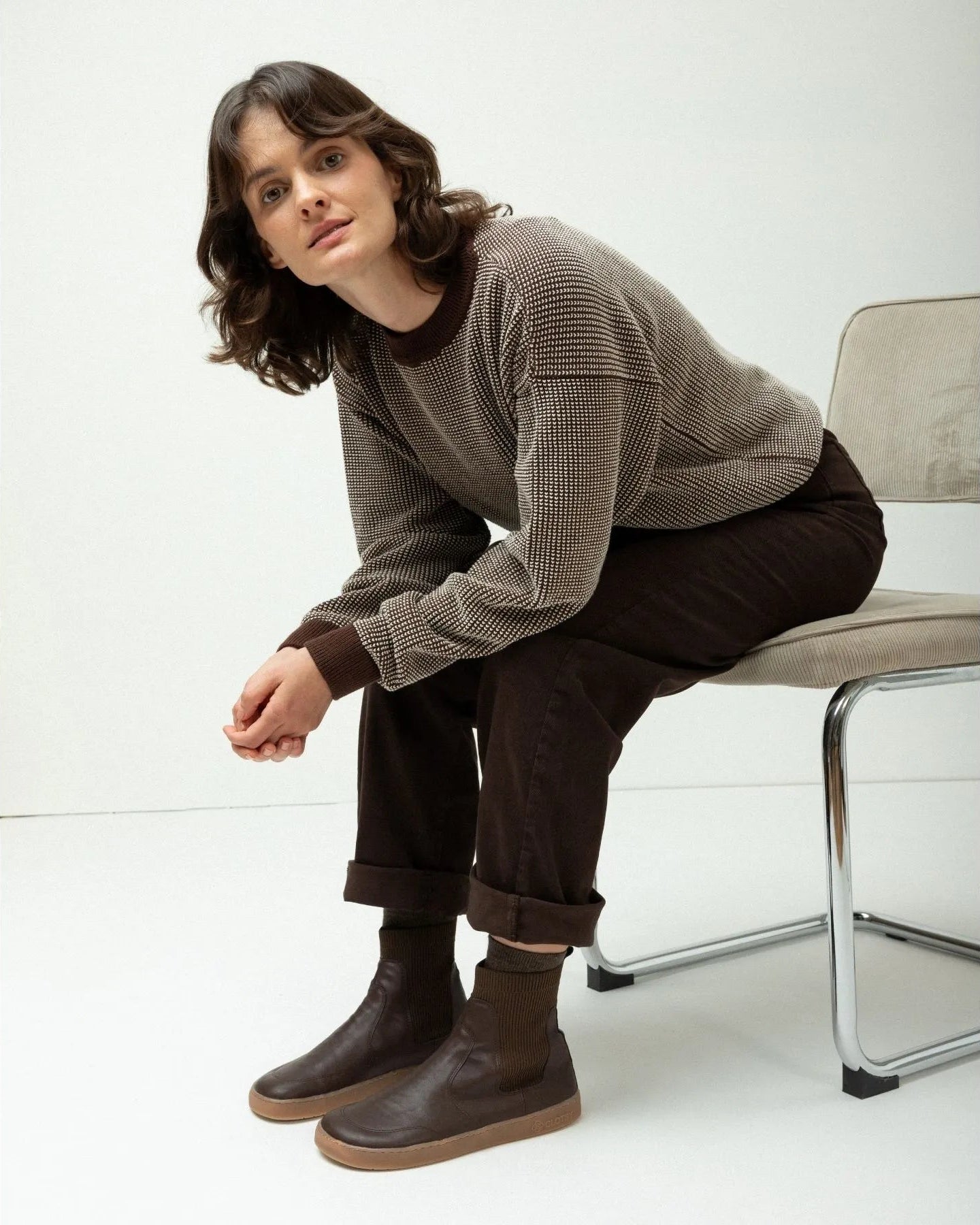 Earthy Tones: Dark Brown Chelsea Boots with Patterned Knit Earthy Tones: Dark Brown Chelsea Boots with Patterned Knit — Chelsea Boots Outfits