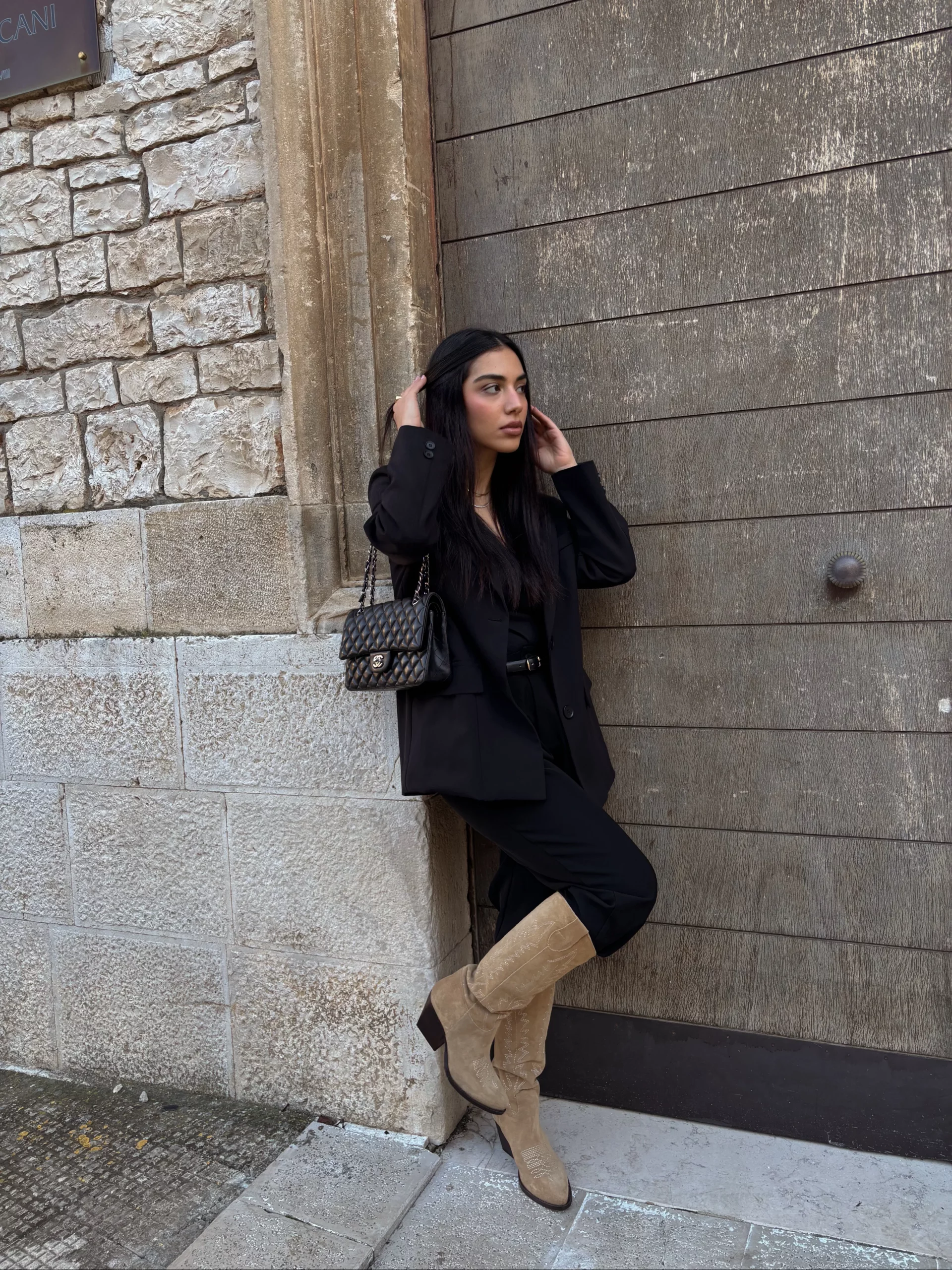 Tan Suede Cowboy Boots with Sharp Black Blazer and Trousers Tan Suede Cowboy Boots with Sharp Black Blazer and Trousers — Brown Boots Outfits