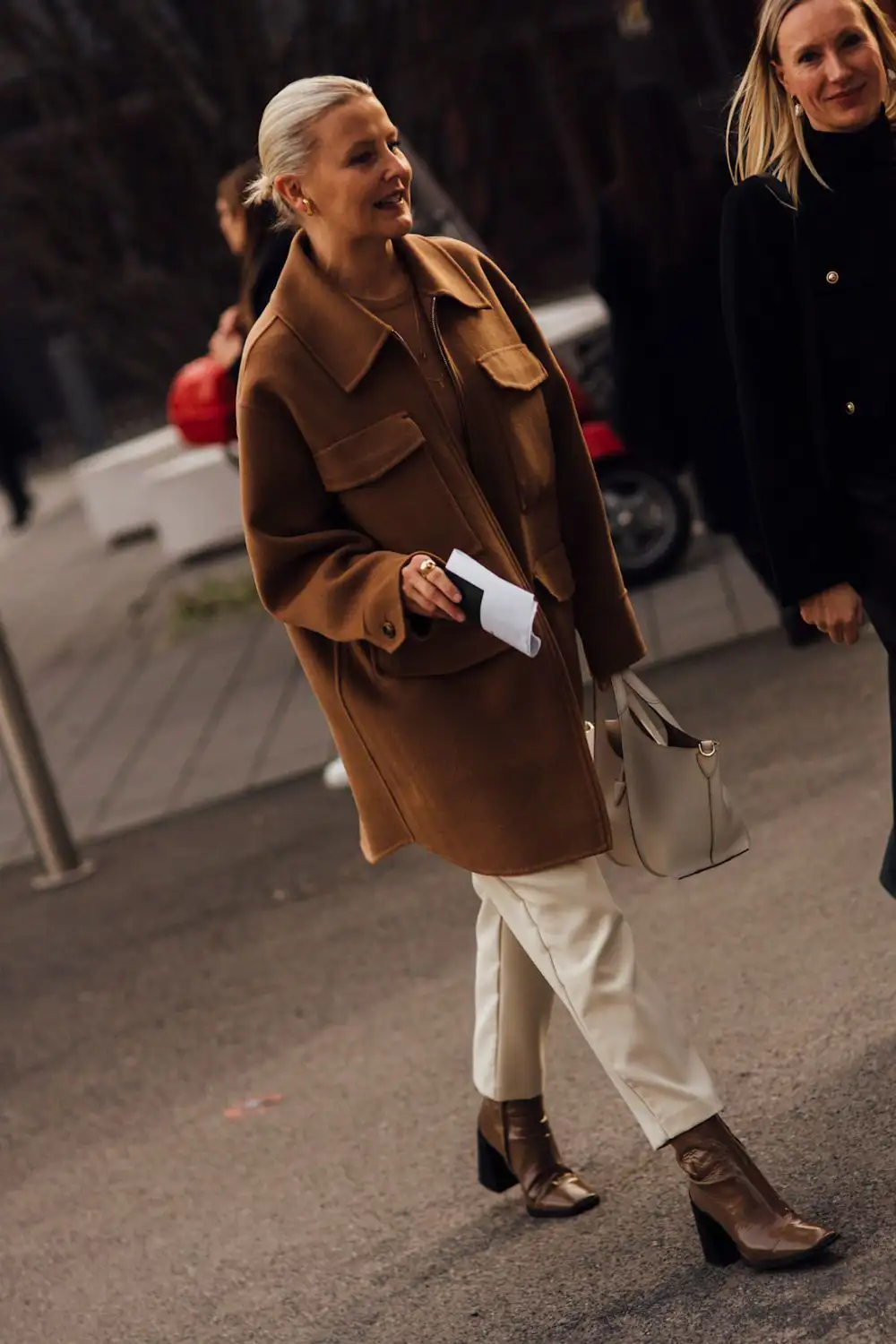 Glossy Brown Ankle Boots with Wool-Like Jacket and Cream Trousers Glossy Brown Ankle Boots with Wool-Like Jacket and Cream Trousers — Brown Boots Outfits