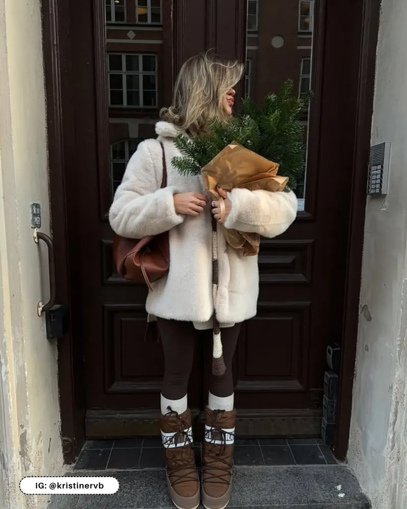 Faux Fur Elegance with Brown Moon Boots Faux Fur Elegance with Brown Moon Boots — Moon Boots Outfits