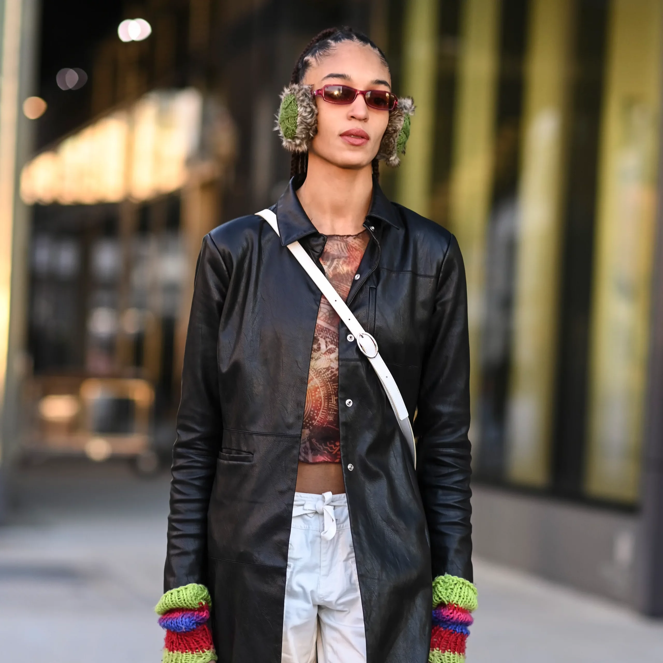 Oversized Black Coat with Green Fuzzy Earmuffs and Polka Dot Scarf — Earmuffs Outfits