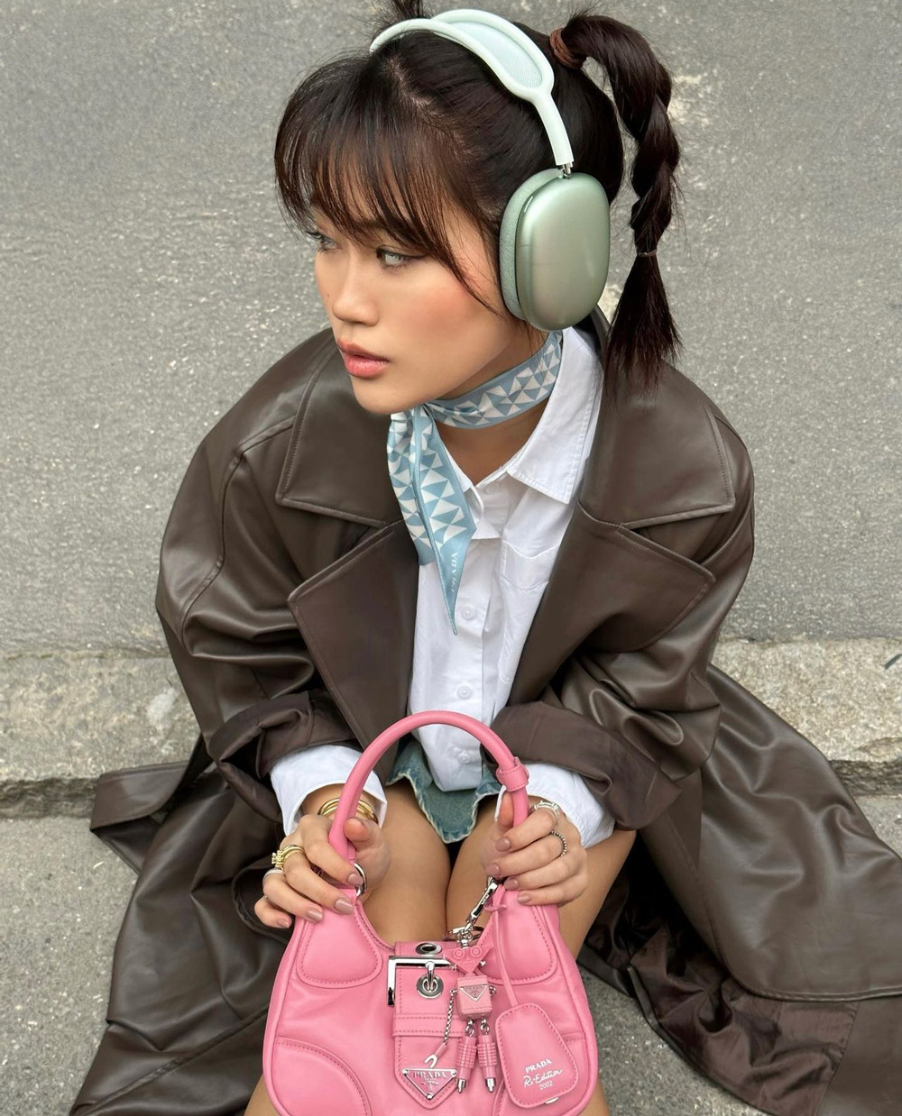 Mint Green Headphones with a Leather Trench Coat and Scarf — Earmuffs Outfits