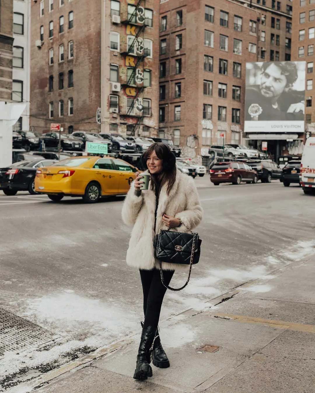 Faux Fur Coat Paired with Black Earmuffs and Combat Boots — Earmuffs Outfits
