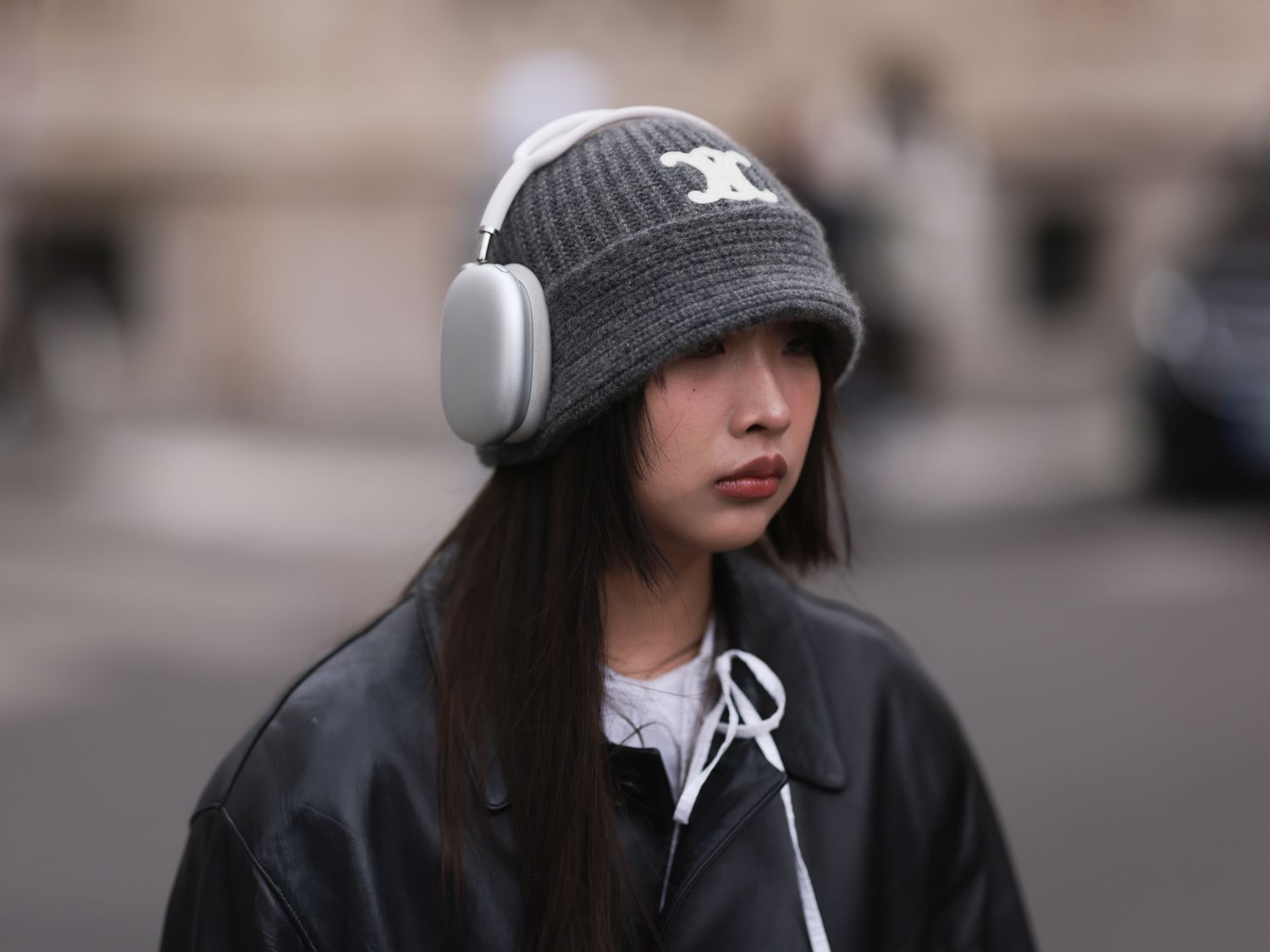 Silver Headphones Styled as Earmuffs with a Leather Jacket — Earmuffs Outfits