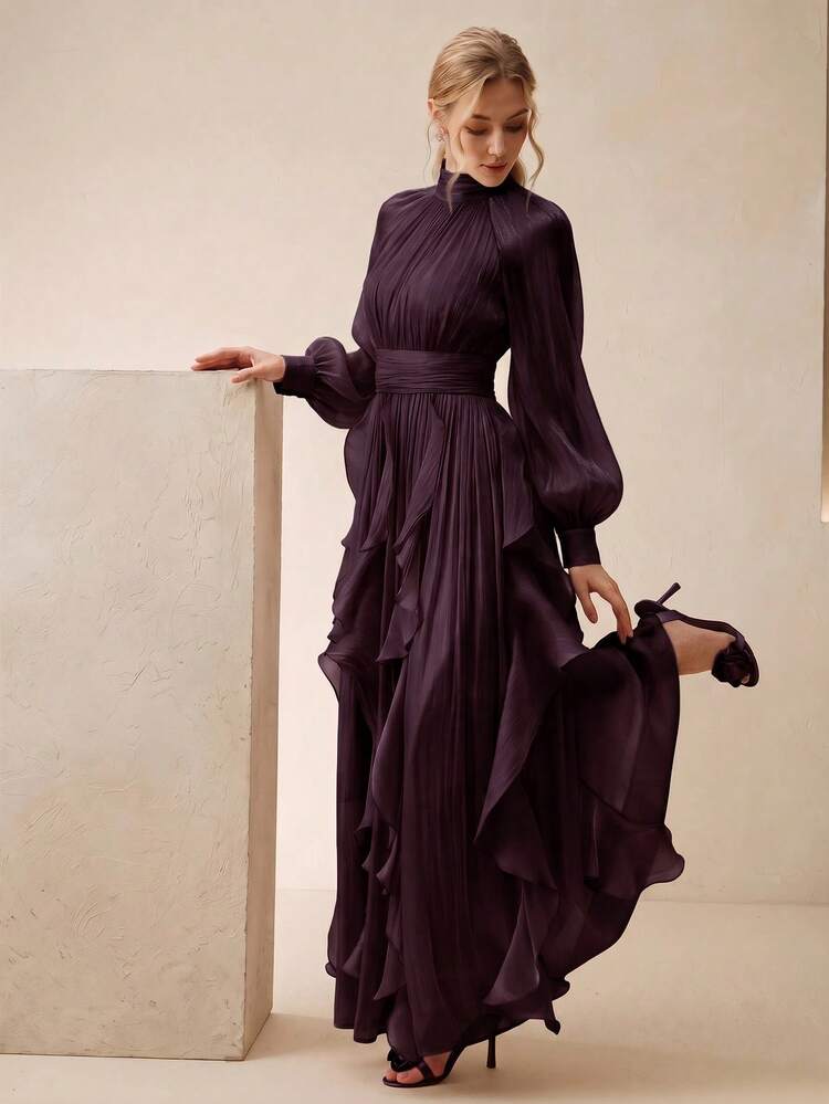Dramatic Deep Purple High-Neck Dress with Ruffled Hem Dramatic Deep Purple High-Neck Dress with Ruffled Hem — Royal Purple Outfits