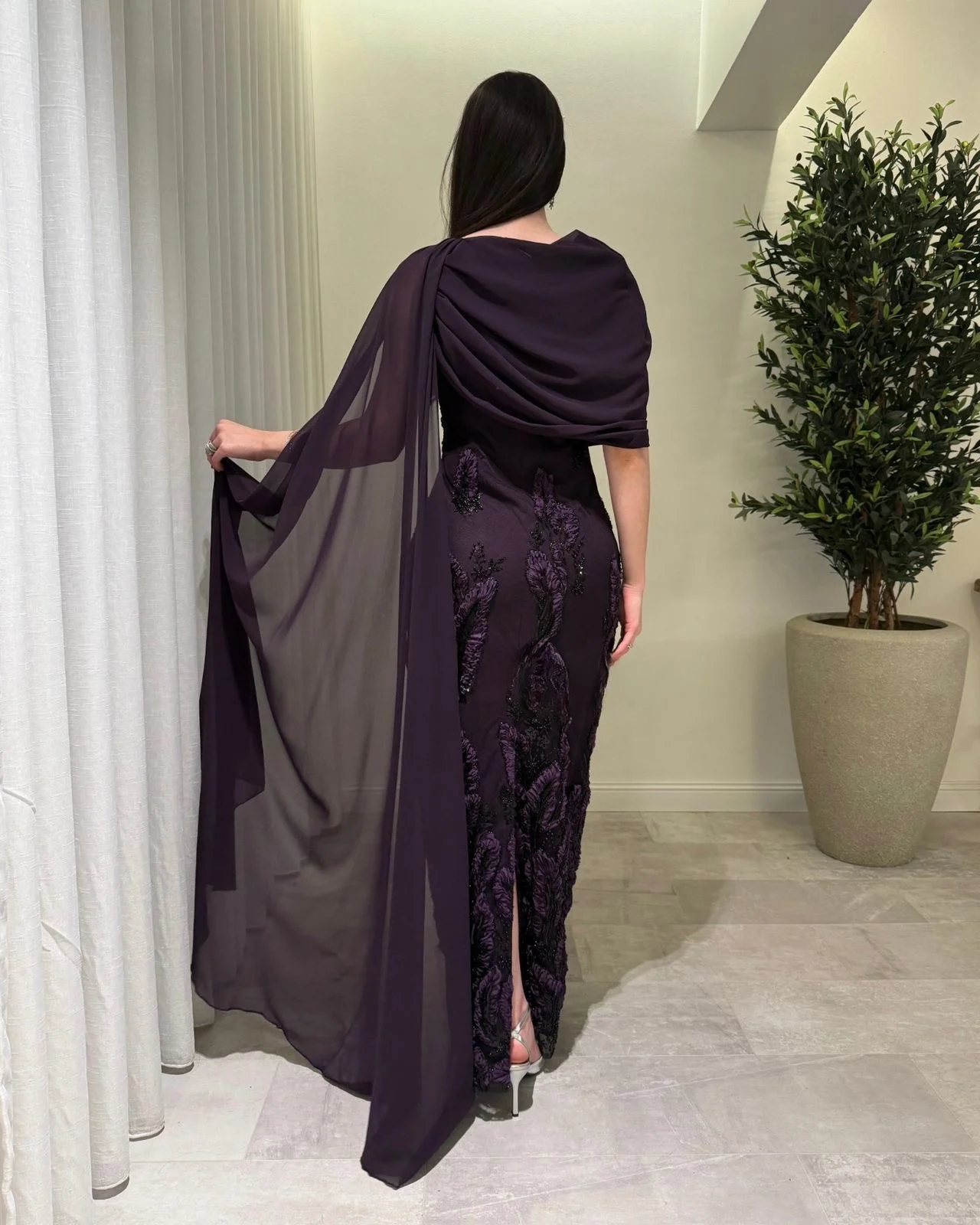 Elegant Deep Purple Column Dress with Black Embellishments and Shawl Elegant Deep Purple Column Dress with Black Embellishments and Shawl — Royal Purple Outfits