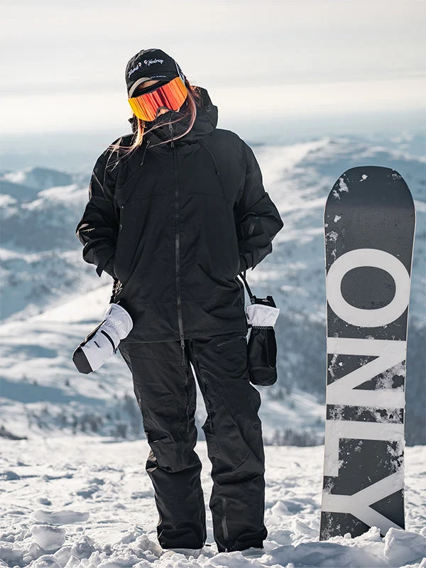 Minimalist Black: Hooded Jacket and Pants with Vibrant Goggle Accents — Snowboarding Outfits