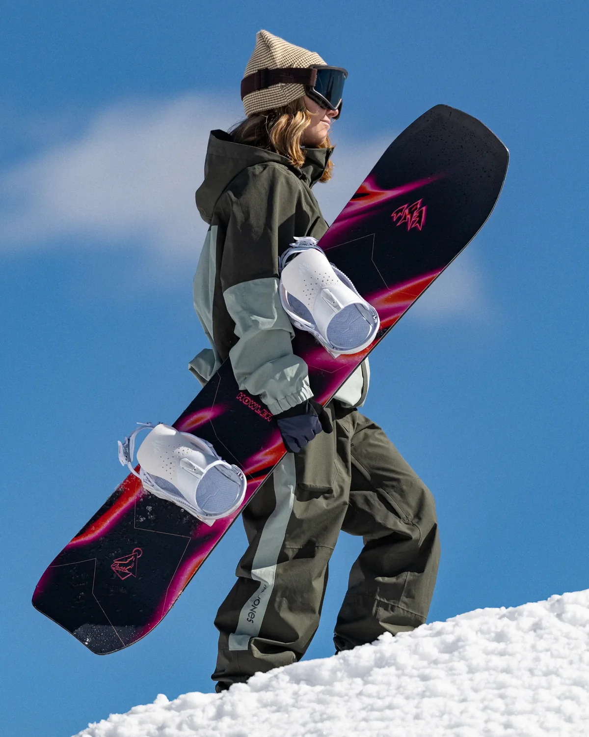 Relaxed Fit Ensemble: Olive Green Jacket and Pants with Bold Snowboard — Snowboarding Outfits