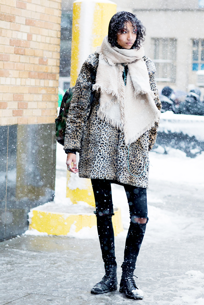 Leopard Print Faux Fur Coat Over Ripped Jeans for a Bold Snow Day Look — Snow Day Outfits