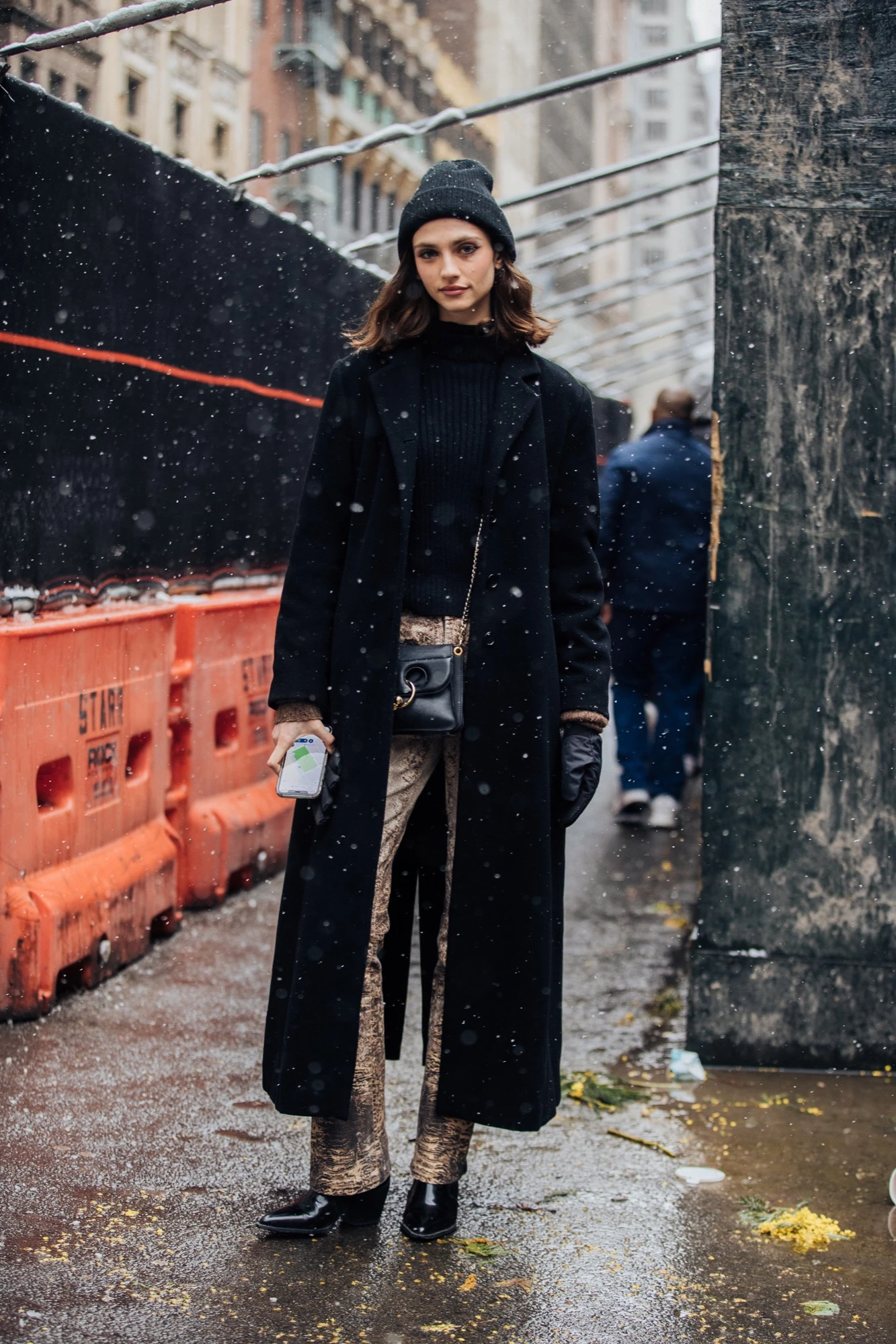 Long Black Wool Coat for a Sophisticated City Snow Day — Snow Day Outfits