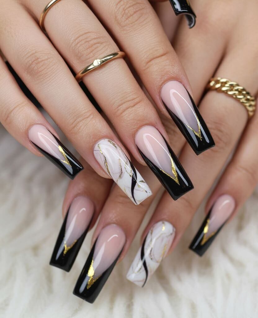 Black Gold V-Tip French Marble Coffin Nails Black Gold V-Tip French Marble Coffin Nails — Winter Coffin Nails