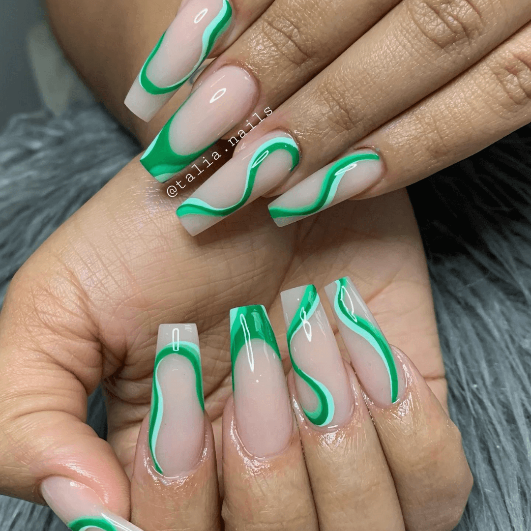 Wavy Green French Tip Coffin Nails Wavy Green French Tip Coffin Nails — Winter Coffin Nails