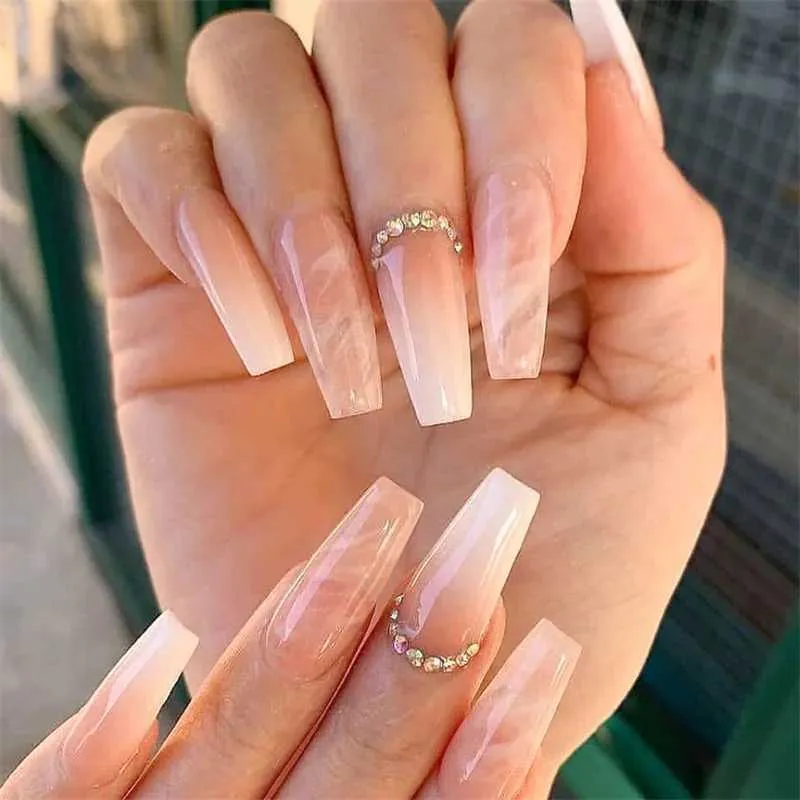 Nude to White Marble Rhinestone Coffin Nails Nude to White Marble Rhinestone Coffin Nails — Winter Coffin Nails