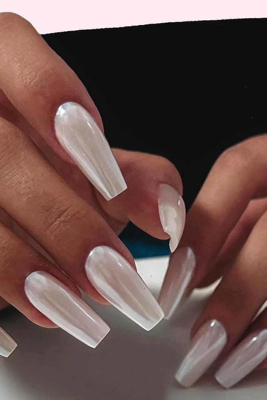 Pearlescent White Chrome Coffin Nails Pearlescent White Chrome Coffin Nails — Winter Coffin Nails