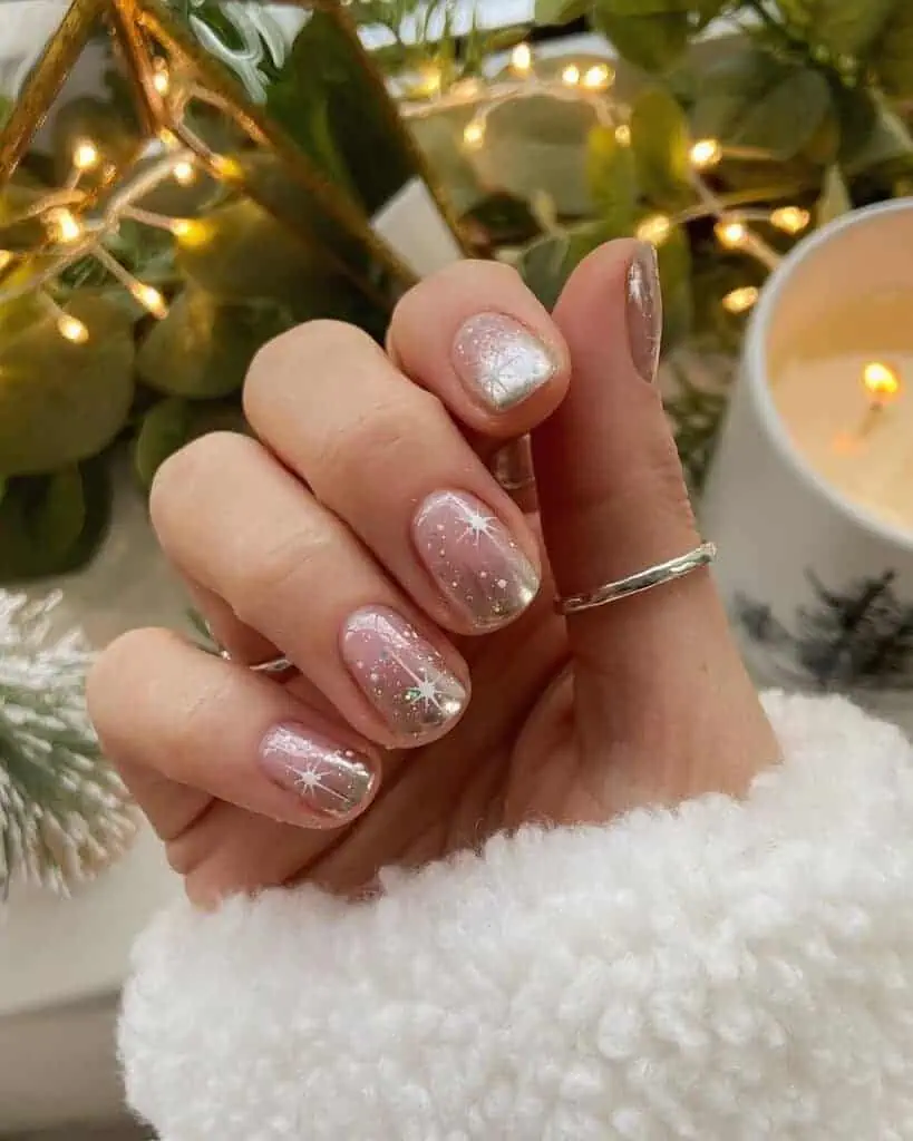 Sheer Pink Squovals with Silver Starbursts and French Tips Sheer Pink Squovals with Silver Starbursts and French Tips — Winter Squoval Nails