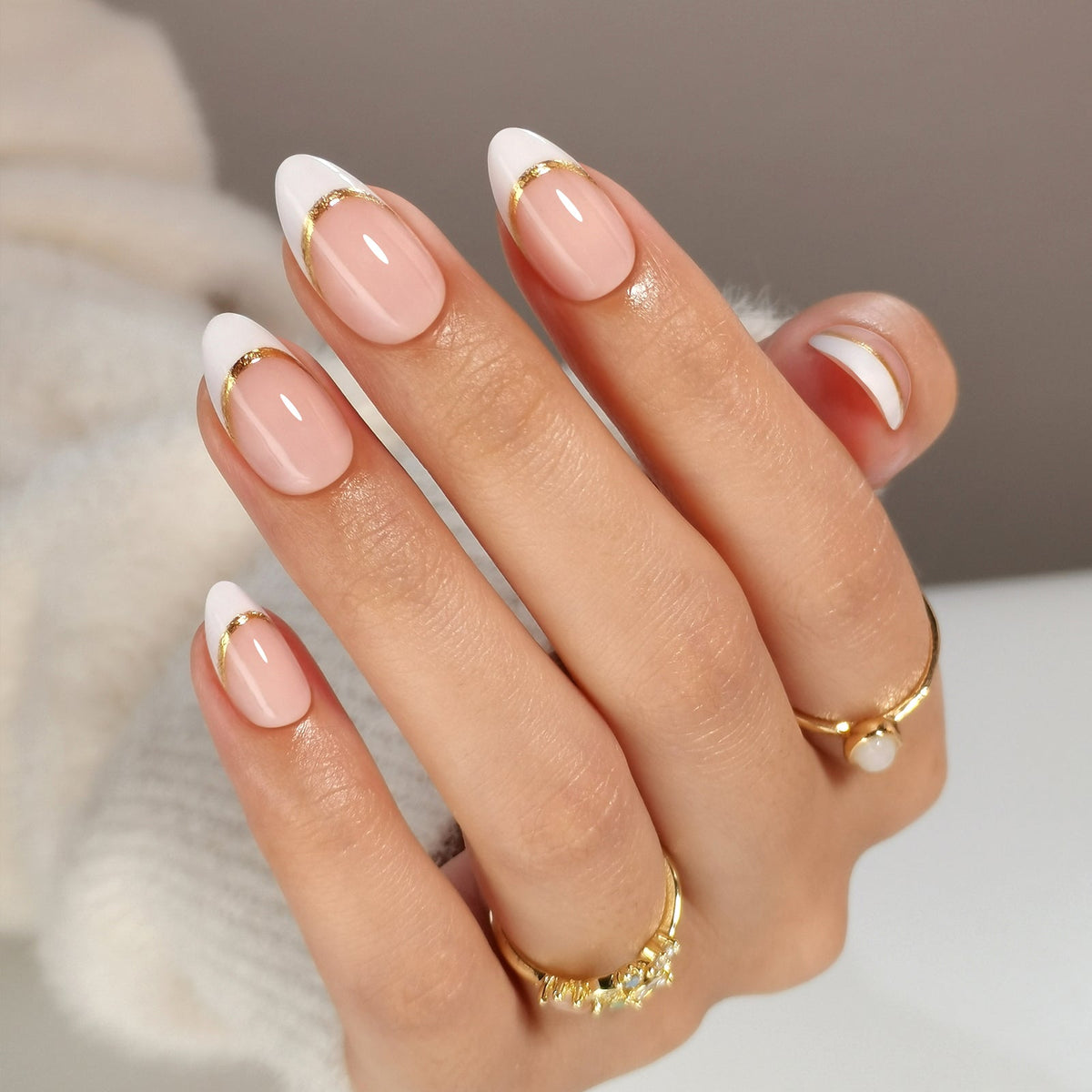 Gold Foil French Almond Nails Gold Foil French Almond Nails — Winter Wedding Nails