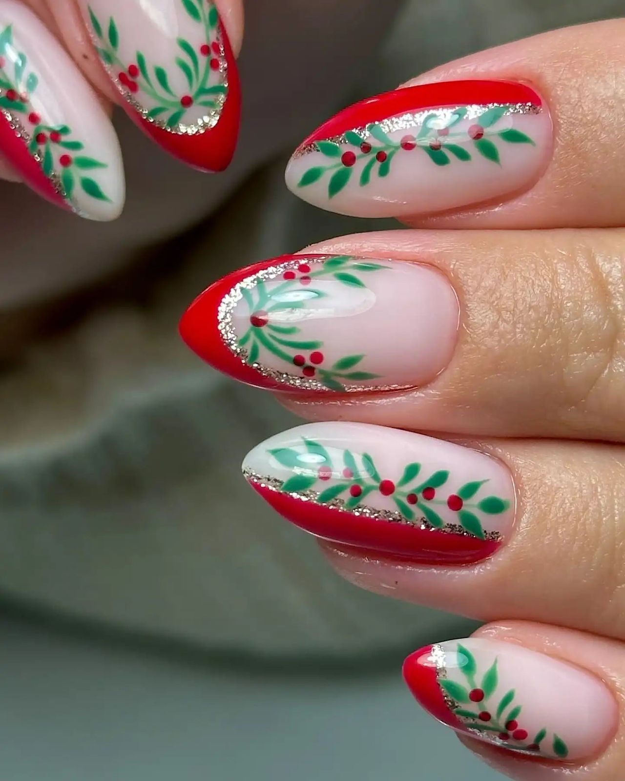 Red French Tip Holly Branch Almonds Red French Tip Holly Branch Almonds — Red and Green Christmas Nails 2026