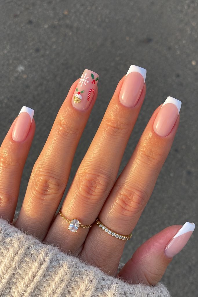 Nude White French Christmas Motif Nails — Short Christmas Square Nails 2026
