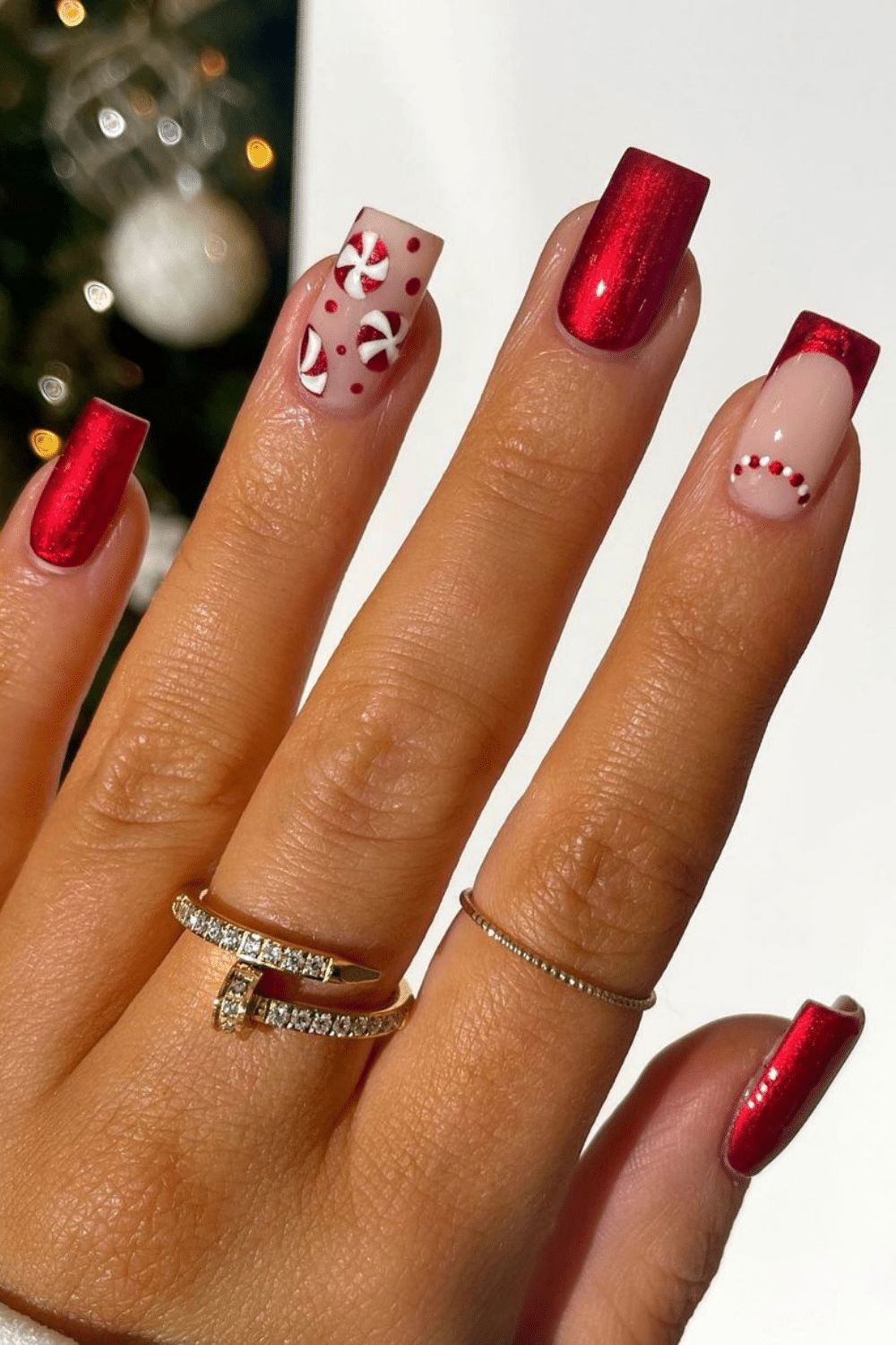 Short Square Glitter Candy Cane French Short Square Glitter Candy Cane French — Simple Christmas Nails 2026