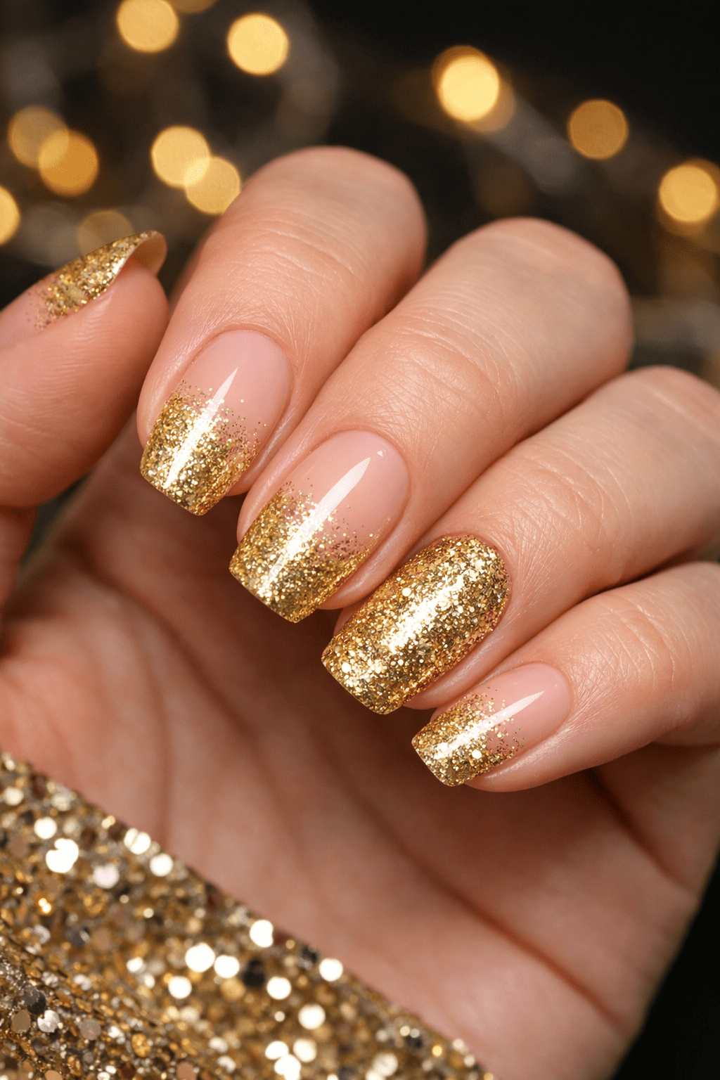 Medium Square Gold Glitter Ombré Nails Medium Square Gold Glitter Ombré Nails — New Years Eve Nails 2027