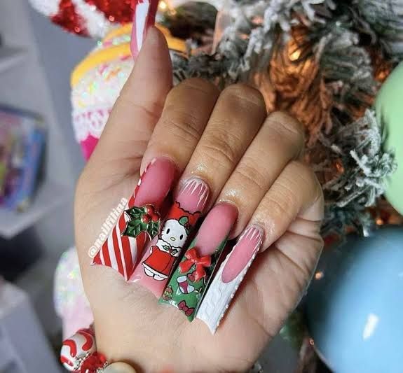 Glossy With Some Matte Elements Visual Idea — Hello Kitty Christmas Nails 2026