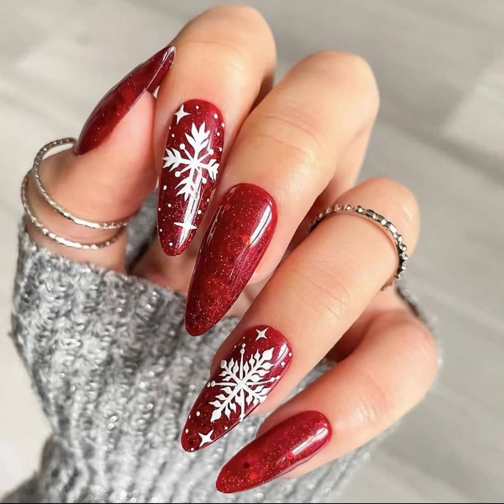 Deep Red Glitter Snowflake Stiletto Nails Deep Red Glitter Snowflake Stiletto Nails — Christmas Gel X Nails 2026