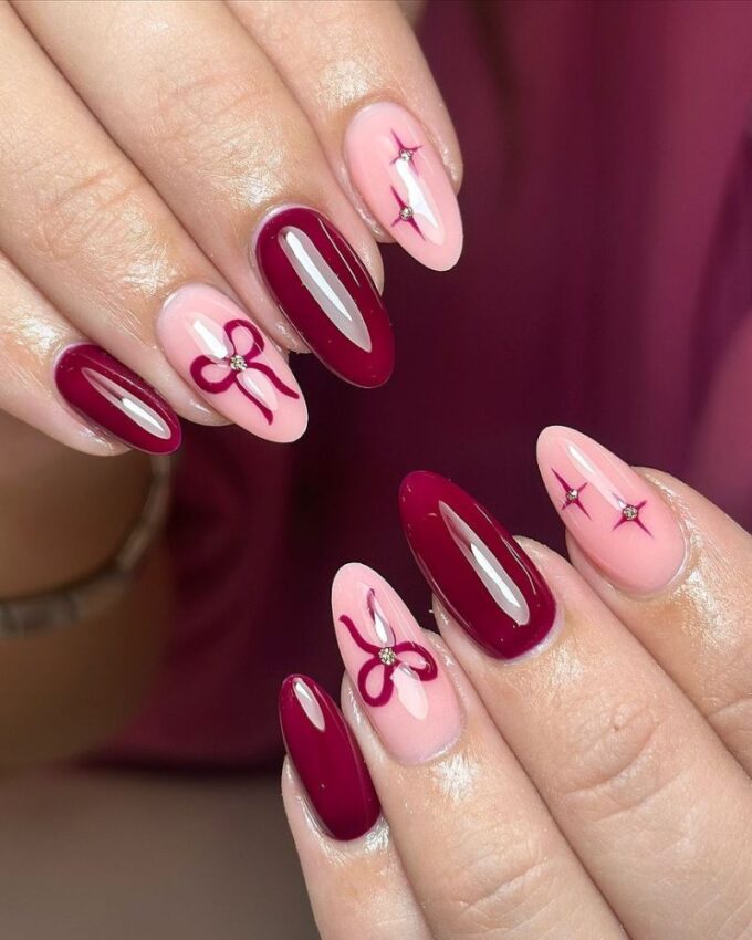 Deep Berry and Pink with Red Bow Accents Deep Berry and Pink with Red Bow Accents — Winter Bow Nails