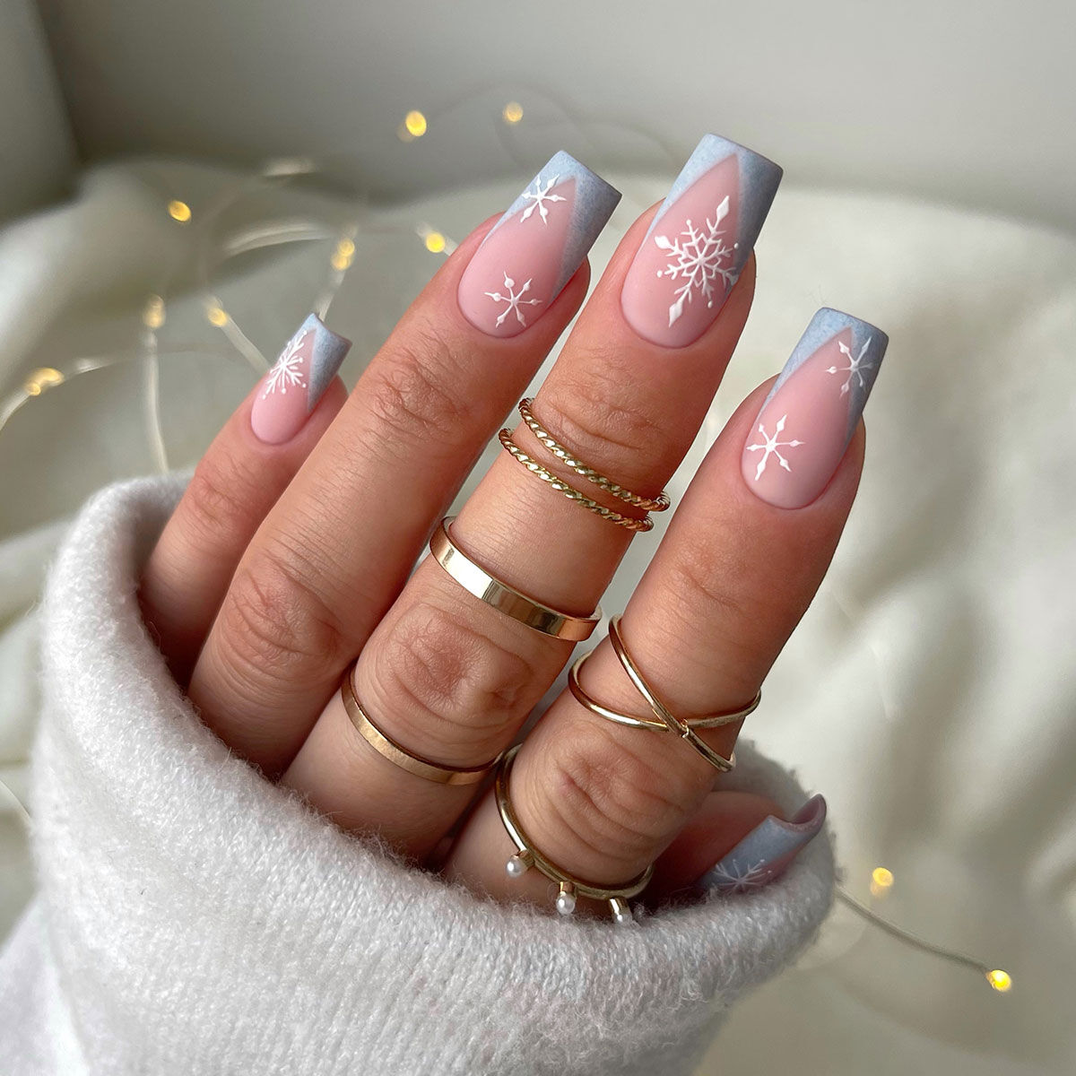 Long Square Pink French with Matte Tips and Snowflakes Long Square Pink French with Matte Tips and Snowflakes — Snowflake Nails