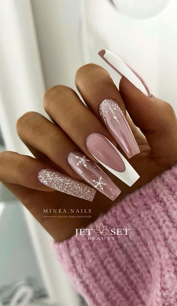 Winter French Manicure with Snowflake Art — Long Winter Coffin Nails