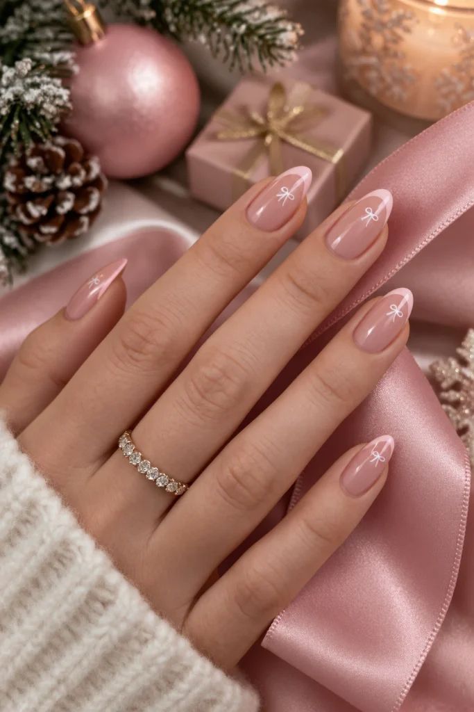 Sheer Nude with White Bow French Tips Sheer Nude with White Bow French Tips — Christmas Oval Nails 2026