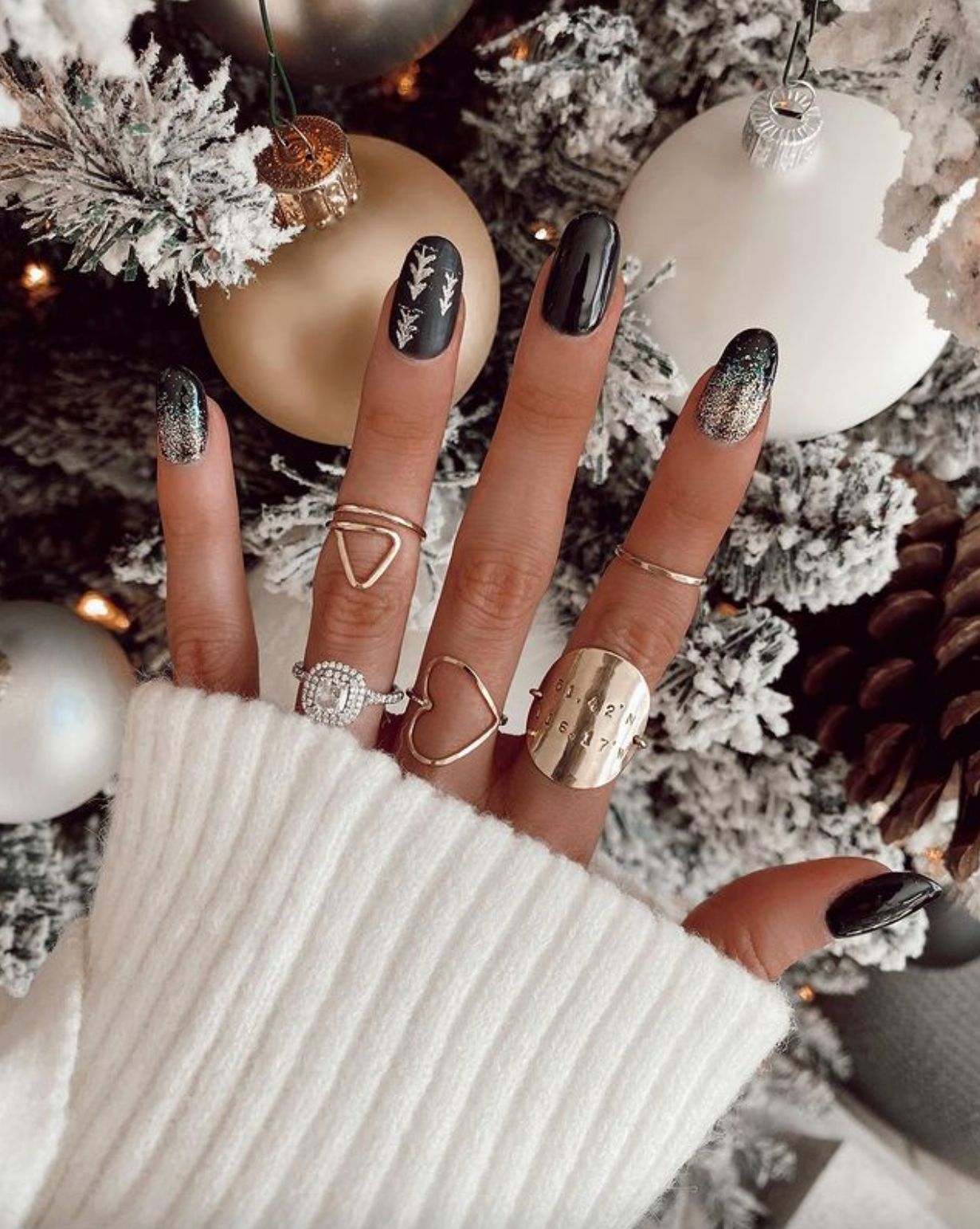 Matte Black Silver Leaf Glitter Gradient — Holiday Nail Colors 2026