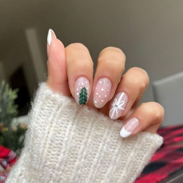 Medium Oval Mixed Art French Nails Medium Oval Mixed Art French Nails — Minimalist Christmas Nails 2026