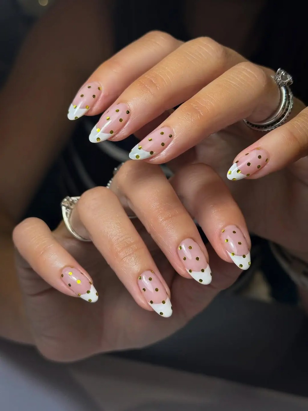 White French Tips With Gold Polka Dots White French Tips With Gold Polka Dots — New Years French Tip Nails 2027