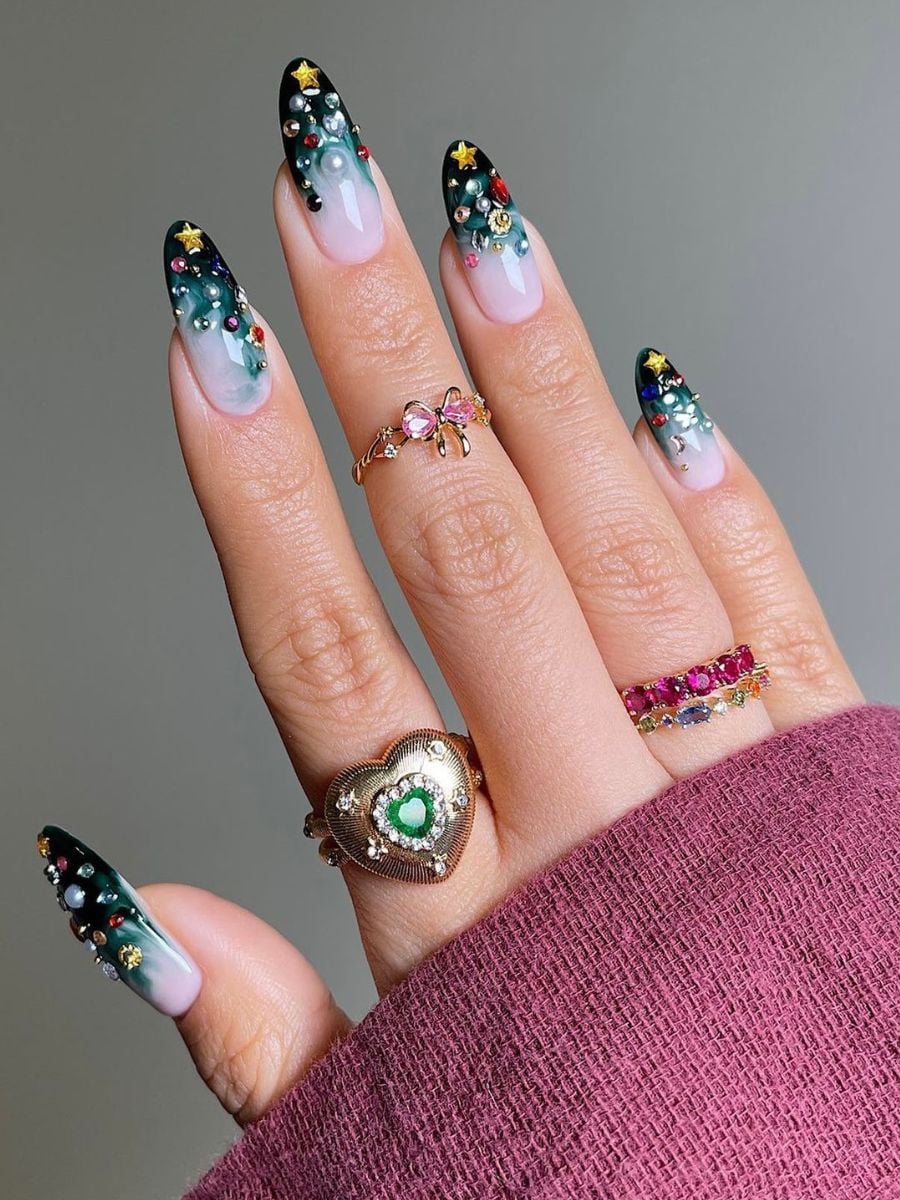 3D Ornament Gradient Almond Nails 3D Ornament Gradient Almond Nails — Holiday Party Nails 2026