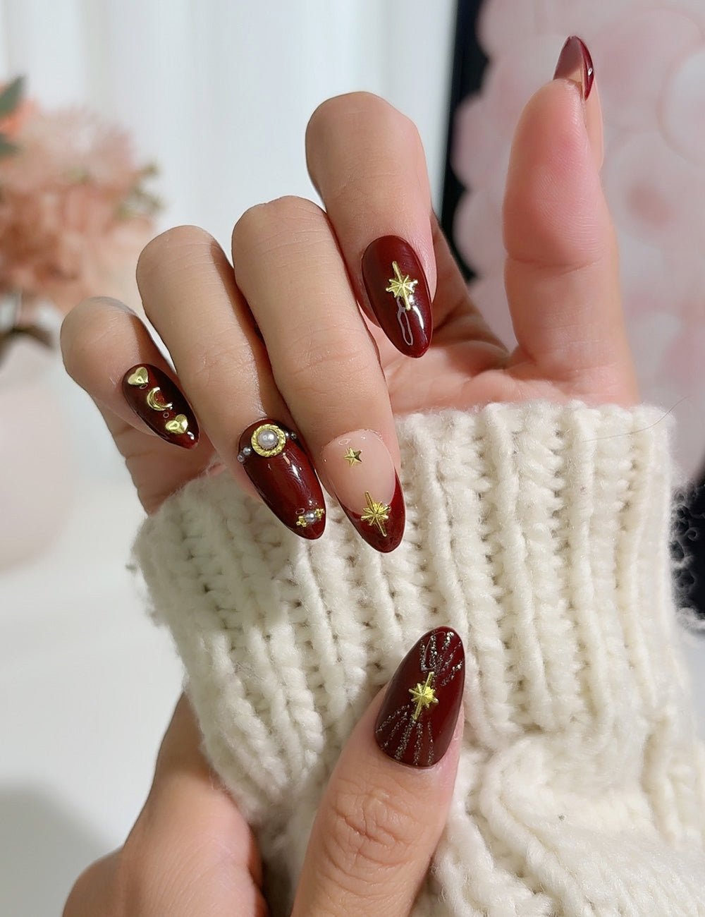 Celestial Gold Accents Medium Almonds Celestial Gold Accents Medium Almonds — Wine Christmas Nails 2026