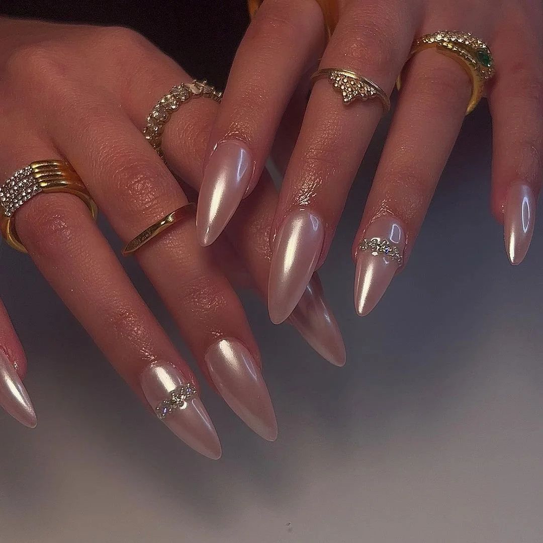Pale Pink Pearly Stiletto Nails with Gems — New Years Almond Nails 2027