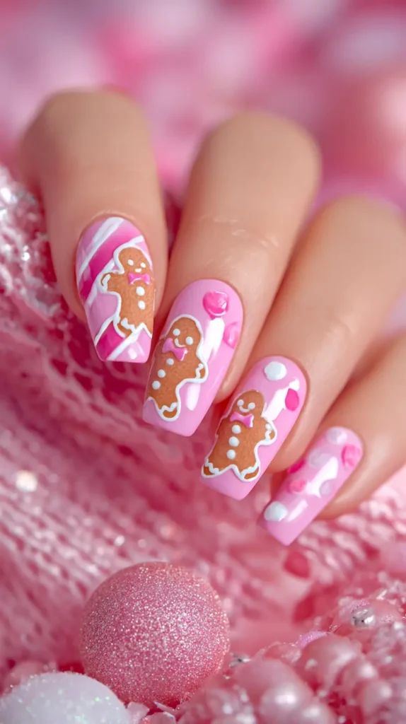 Pink Gingerbread Man Candy Cane Nails Pink Gingerbread Man Candy Cane Nails — Cute Christmas Nails 2026