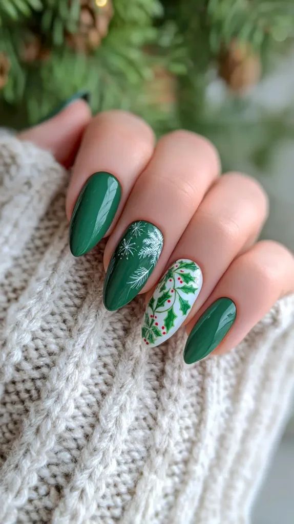 Deep Green Holly and Snowflakes Deep Green Holly and Snowflakes — Christmas Gel Nails 2026