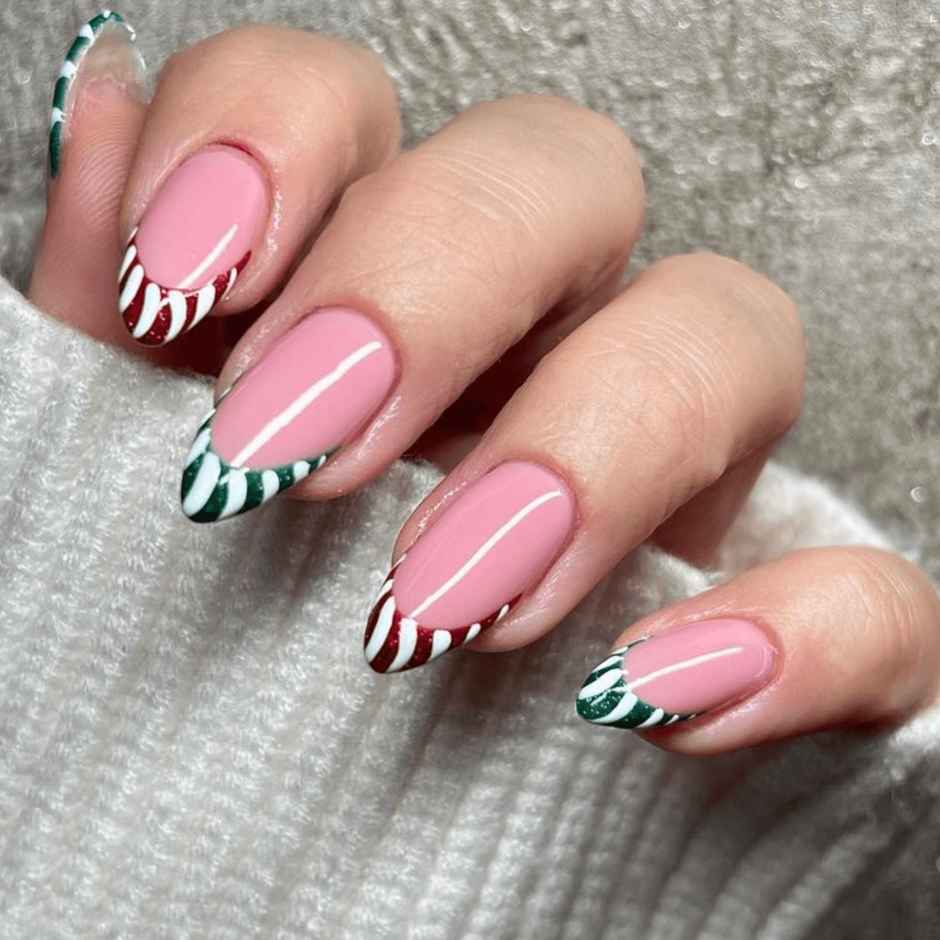 Pink Candy Cane Stripe French Tips Pink Candy Cane Stripe French Tips — Christmas Acrylic Nails 2026