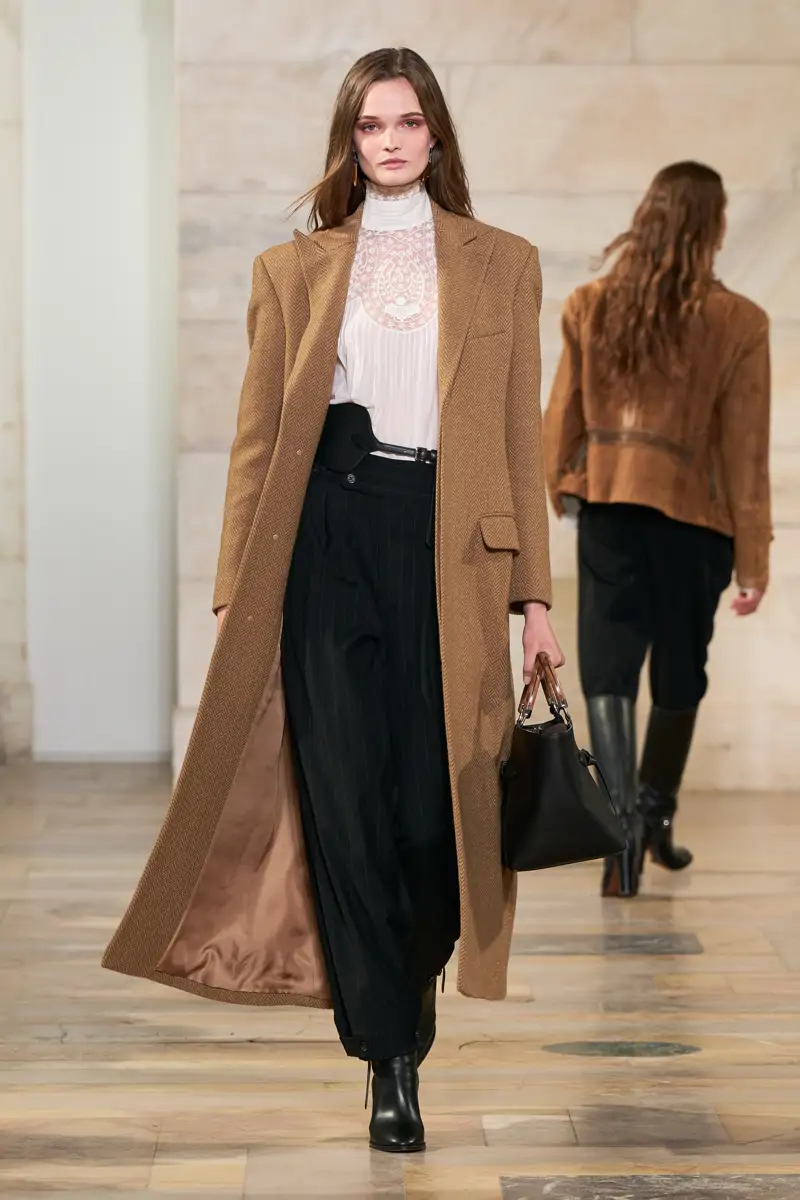 Sophisticated Fall: Camel Coat Over Turtleneck and Pinstripe Trousers — Fall to Winter Outfits