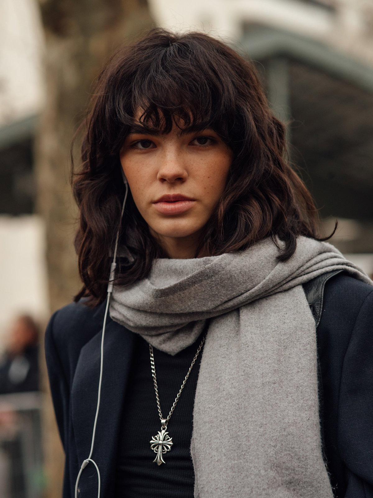 Dark Brown With Subtle Highlights Collarbone Shag With Curtain Bangs Dark Brown With Subtle Highlights Collarbone Shag With Curtain Bangs — Winter Haircuts for Curly Hair