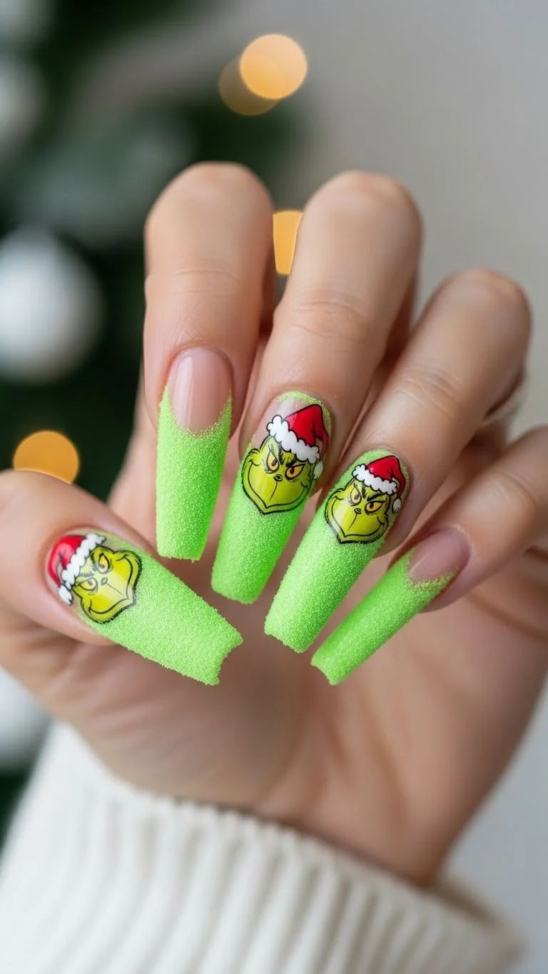 Fuzzy Grinch Character Coffin Nails Fuzzy Grinch Character Coffin Nails — Long Christmas Nails 2026