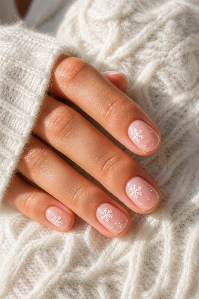 Pale Pink Snowflakes and Dots Pale Pink Snowflakes and Dots — Easy Christmas Nails 2026