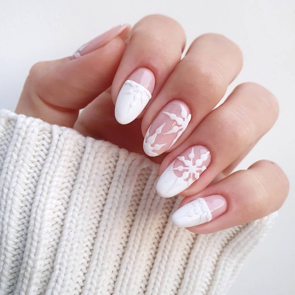 Sheer Pink with White Cable Knit and Snowflakes Sheer Pink with White Cable Knit and Snowflakes — Winter Nail Art Simple