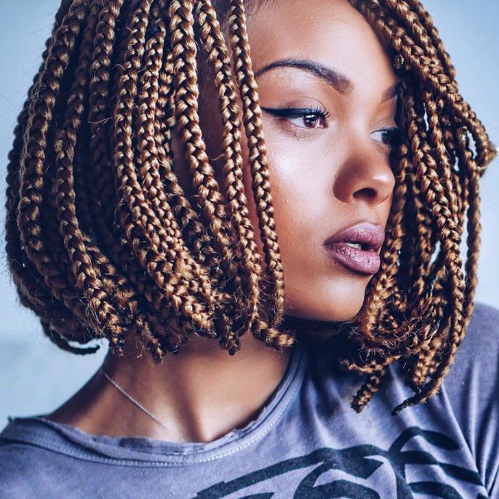 Short Uniform Light Brown Box Braids — Winter Hairstyles for Black Women