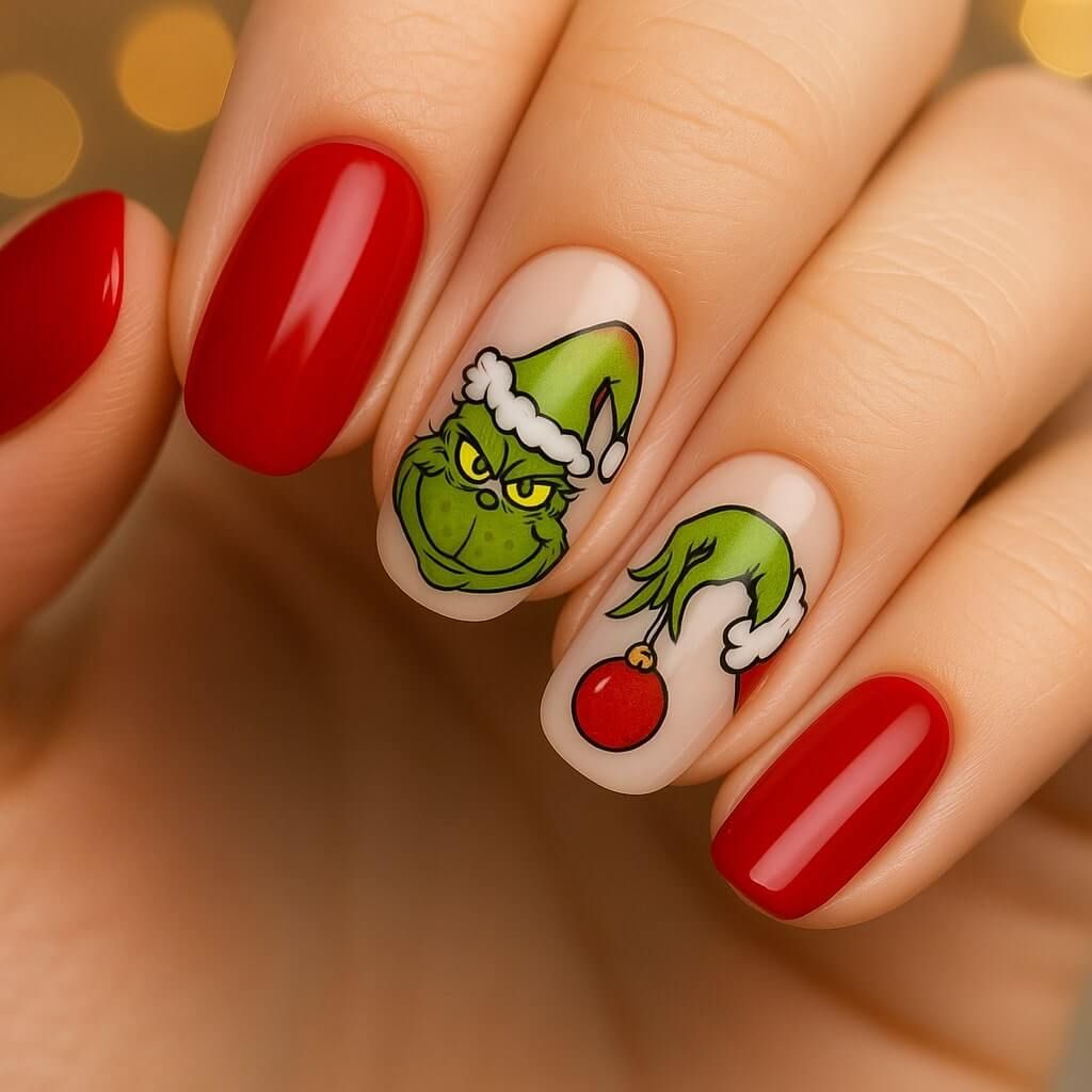 Medium Oval Red And Grinch Accent Nails Medium Oval Red And Grinch Accent Nails — Grinch Nails 2026