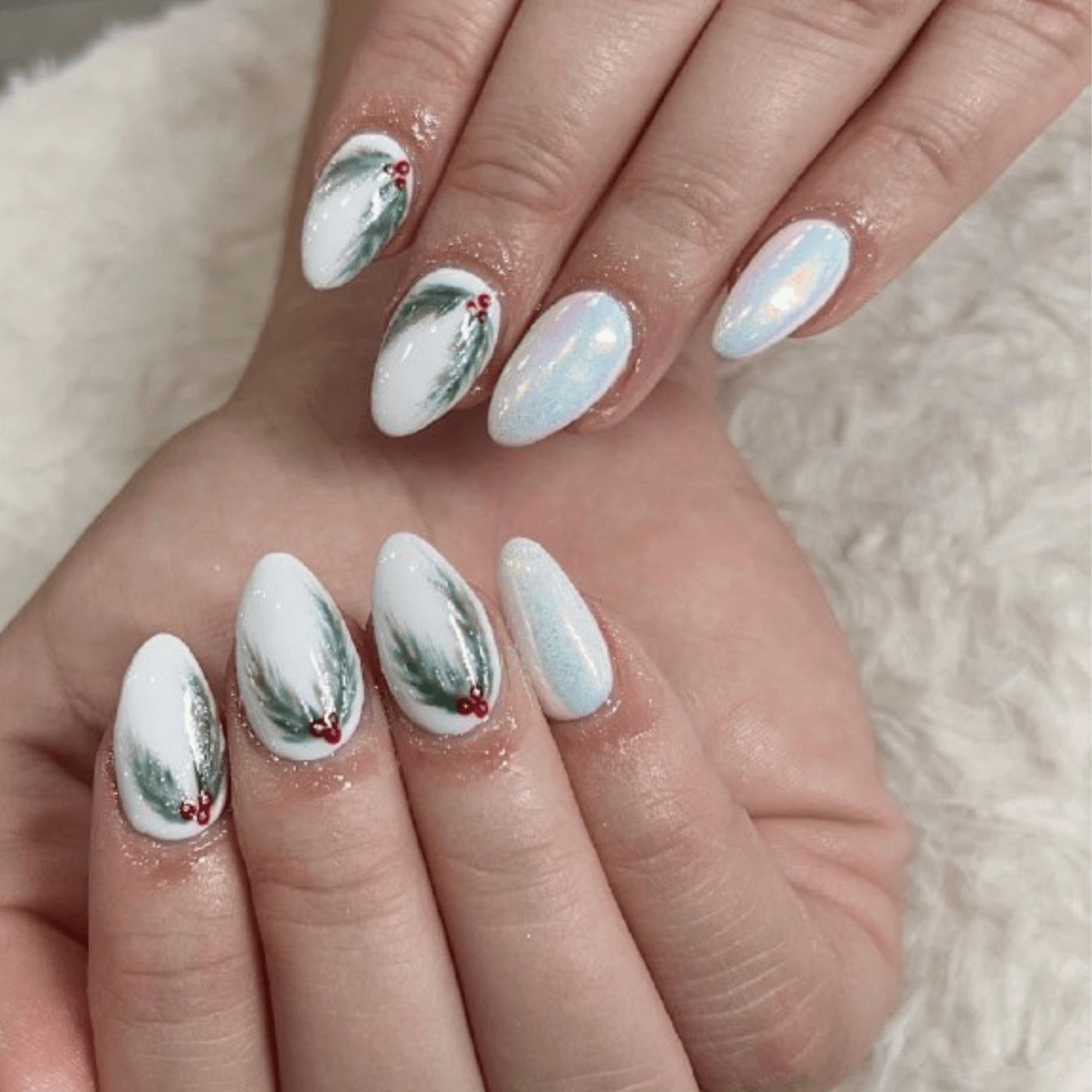 White Pine Branch Almond Nails White Pine Branch Almond Nails — Short Christmas Almond Nails 2026